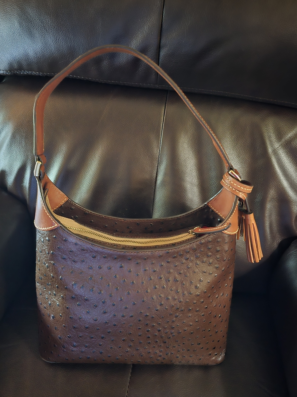 Dooney and Bourke Brown Ostrich Shoulder Bag with Tassel Accent - Picture 2 of 6